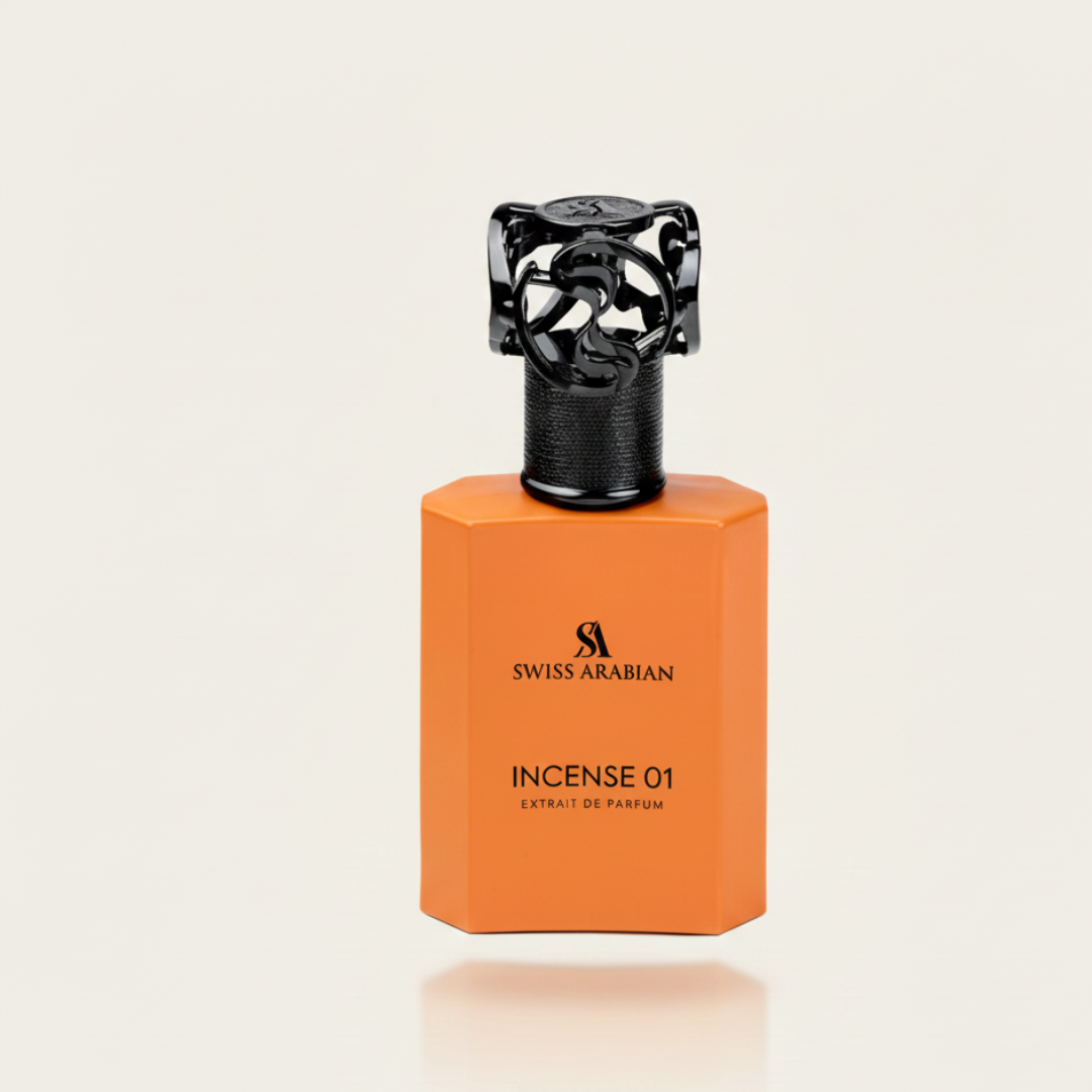 The Swiss Arabian Incense 01 50ml EDP, in an orange octagonal bottle with a black ornate cap, is elegantly displayed against a neutral background—a refined fragrance pick for incense lovers.