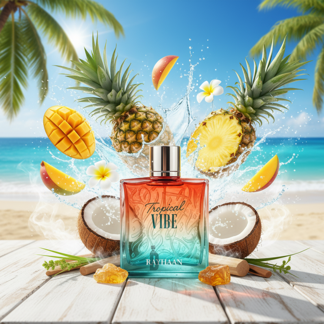The Rayhaan Tropical Vibe 100ml EDP perfume rests on a beachside wooden surface among pineapples, coconut, mango, and tropical flowers—a true mango fragrance with a long-lasting scent by the ocean.
