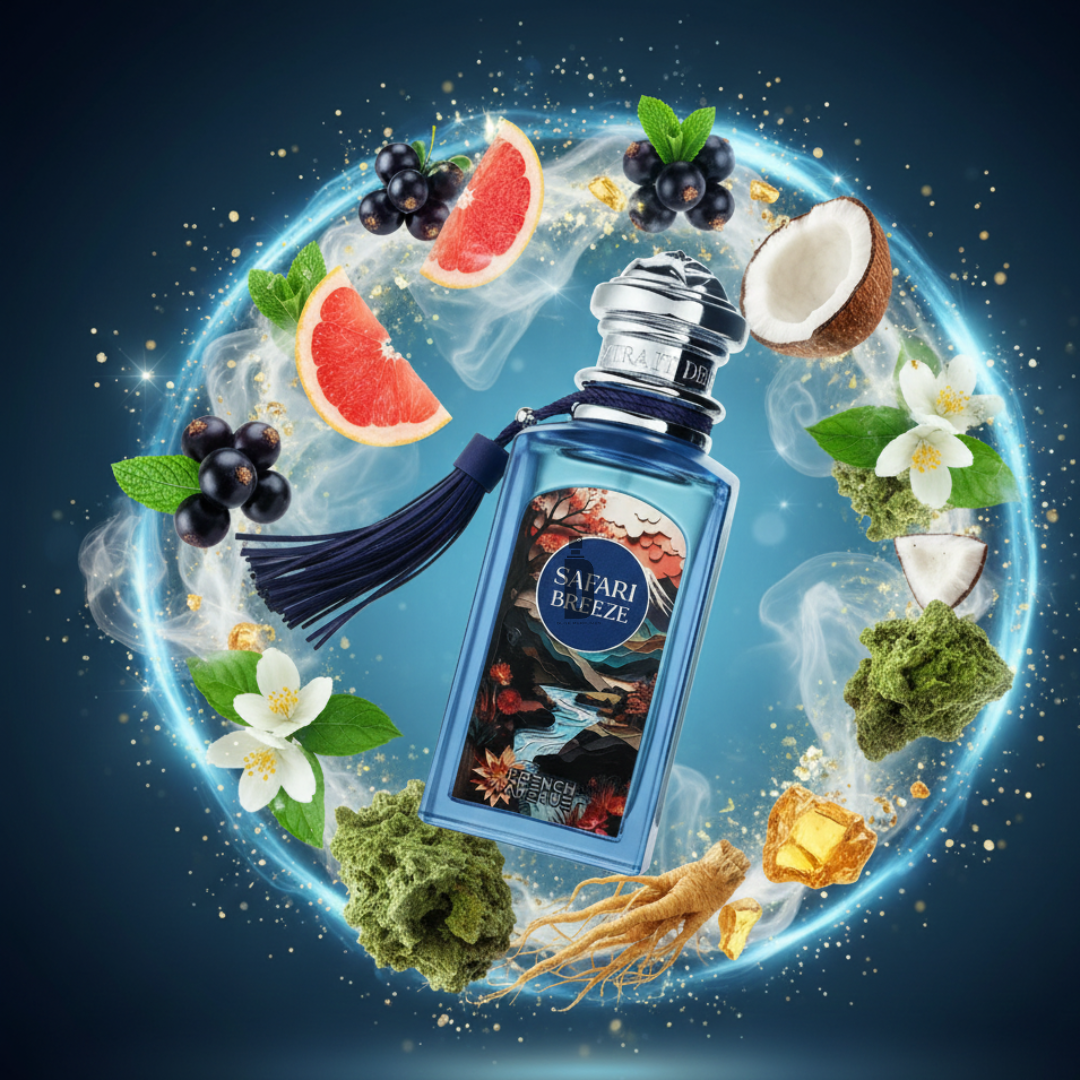 The blue Safari Breeze 100ml EDP by Fragrance World floats in a glowing, smoky blue aura, surrounded by grapefruit, blackcurrant, coconut, white flowers, green moss, ginseng, and amber to highlight its refreshing scent.