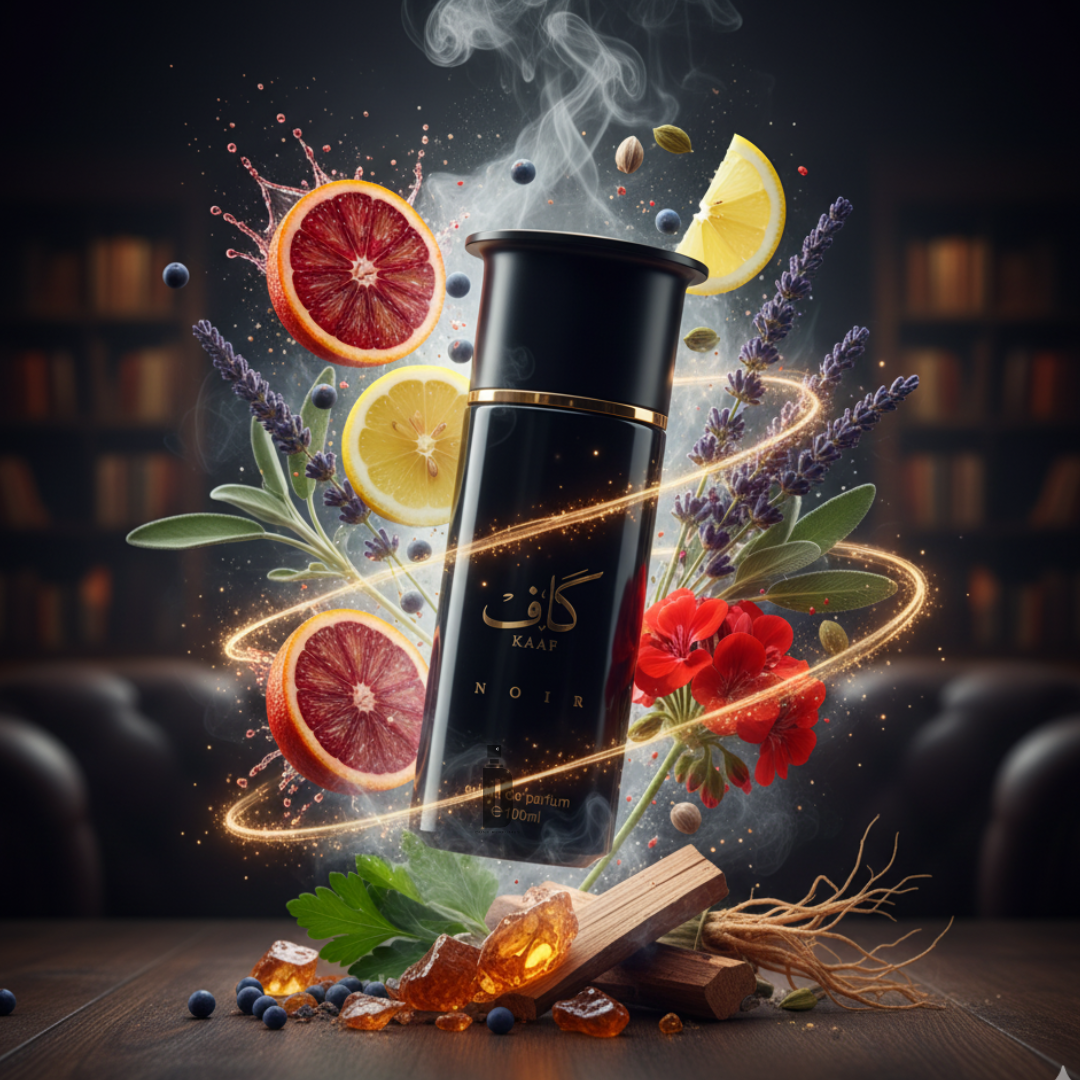 Kaaf Noir 100ml EDP by Ahmed Al Maghribi sits amid swirling citrus, spices, herbs, and flowers, a smoky aura hinting at its sophisticated scent, with blurred bookshelves in the background.