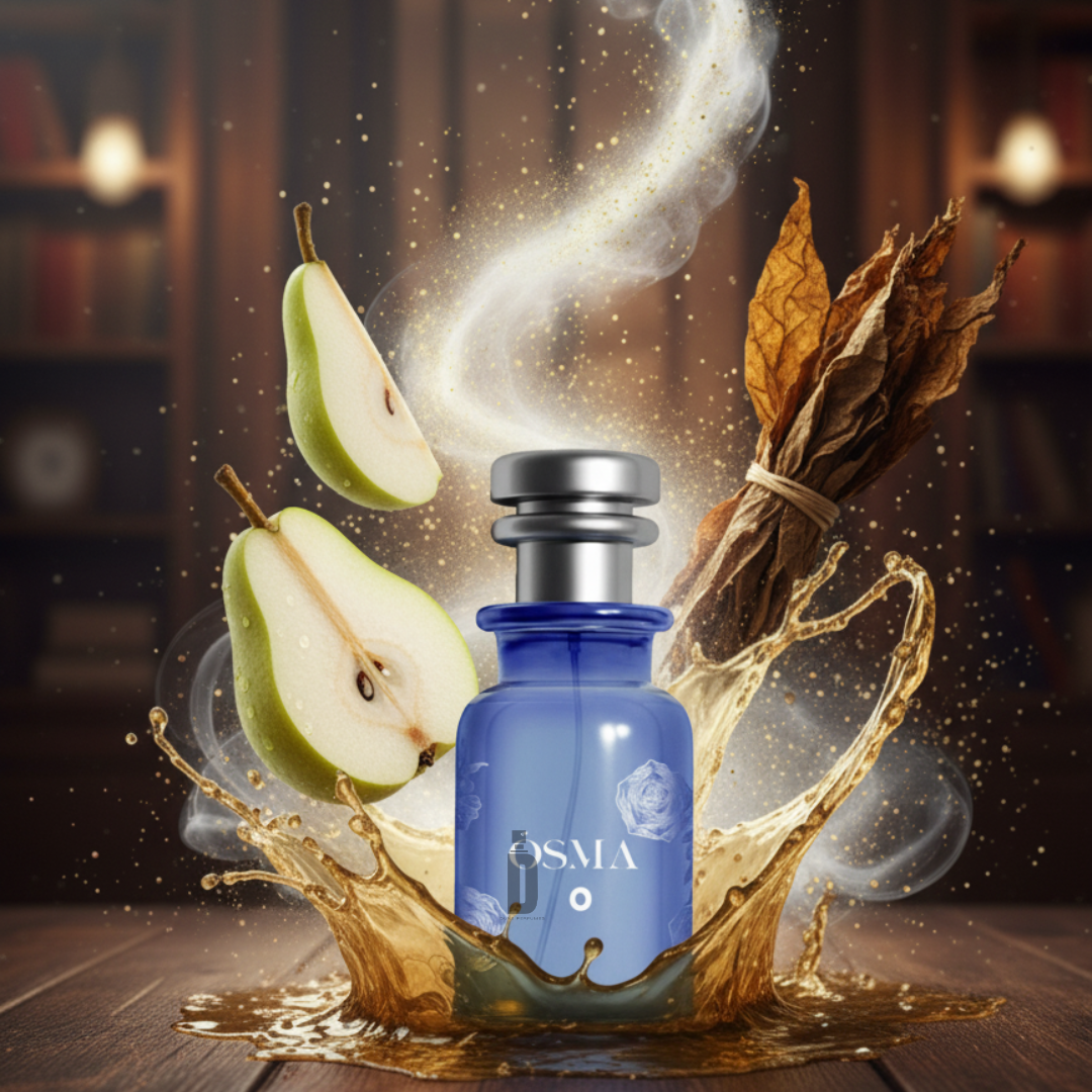 The Osma O 150ml EDP by Osma stands among sliced pears and dried tobacco leaves, with golden liquid splashes and wisps of vapor hinting at musk, set against a warmly lit, blurred background of shelves.