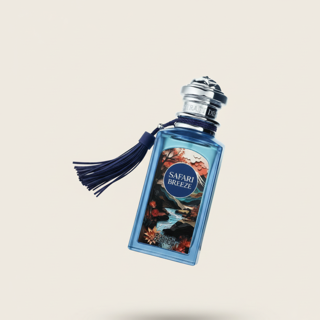 The Safari Breeze 100ml EDP by Fragrance World features a blue bottle with a metallic cap, dark tassel, and scenic artwork—perfect for lovers of refreshing scents.
