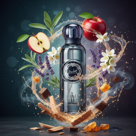 Helen Legacy 200ml EDP by Gissah: A perfume bottle amidst apples, lavender, white flowers, green leaves, wood, and amber resin with sparkling mist—capturing a fresh floral woody fragrance that leaves a memorable impression.