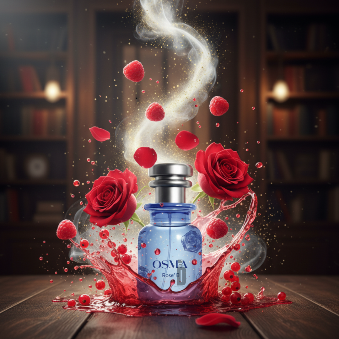 The 75ml Osma Rose P EDP stands on a wooden table amid red berries, fresh raspberries, and two red roses with aromatic vapor swirling above—a true rose perfume from Osma, set against a softly blurred library background.