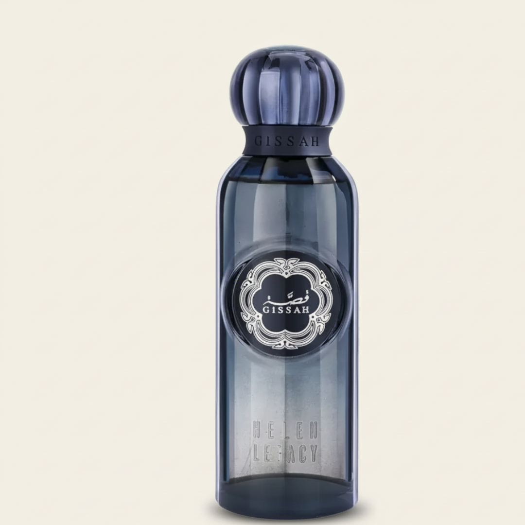 A tall, elegant, translucent blue bottle with a round cap. The label reads "Gissah," and "Helen Legacy 200ml EDP" is engraved near the base—a refined fragrance from Gissah that leaves a lasting impression.