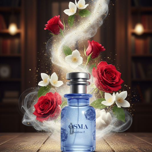 A blue "Paudree F 75ml EDP - Osma" perfume bottle sits amid swirling mist, red roses, and white jasmine, suggesting a floral scent, with a softly lit, elegant room in the background.