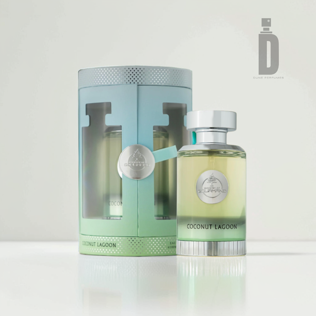 Perfume bottle and packaging for "Coconut Lagoon 100ml EDP - Paris Corner" by Paris Corner. The bottle is cylindrical with a silver cap, accompanied by a green and silver box.