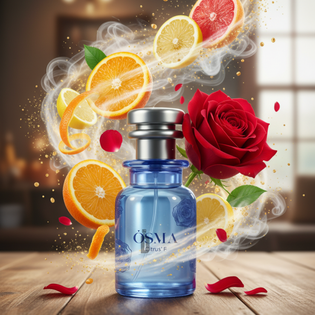The Osma Citrus F 75ml EDP perfume bottle is shown in blue, surrounded by swirling citrus slices and red rose petals, with a large red rose in the background, evoking the fresh allure of a citrus fragrance.