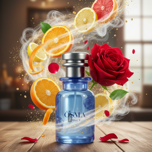 The Osma Citrus F 75ml EDP perfume bottle is shown in blue, surrounded by swirling citrus slices and red rose petals, with a large red rose in the background, evoking the fresh allure of a citrus fragrance.