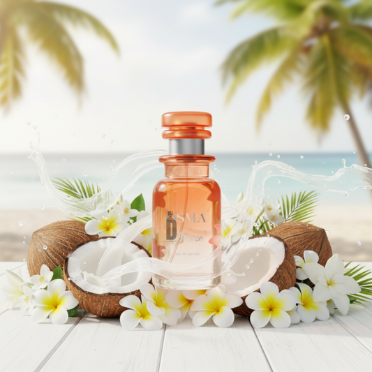 The Osma Breeze 150ml EDP stands among coconut halves and white plumeria flowers, set against a blurred beach and palm trees backdrop, with liquid splashes evoking its sweet, airy fragrance and tropical freshness.