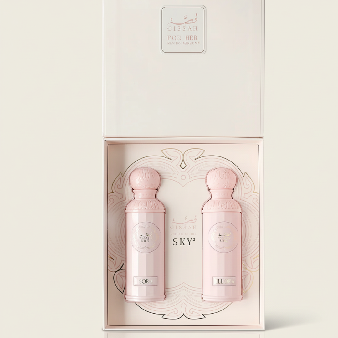 A boxed pink bottle, the Legend Of The Sky For Her Set by Gissah is a charming addition to any collection.