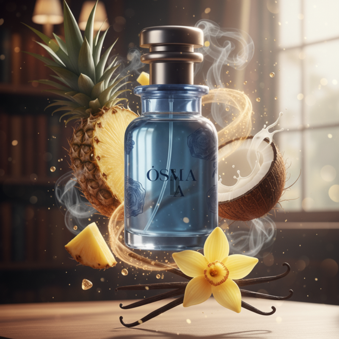 A blue bottle of Osma A 150ml EDP by Osma is surrounded by floating pineapple, coconut pieces, and vanilla pods, evoking a tropical coconut vanilla scent against a softly lit background.