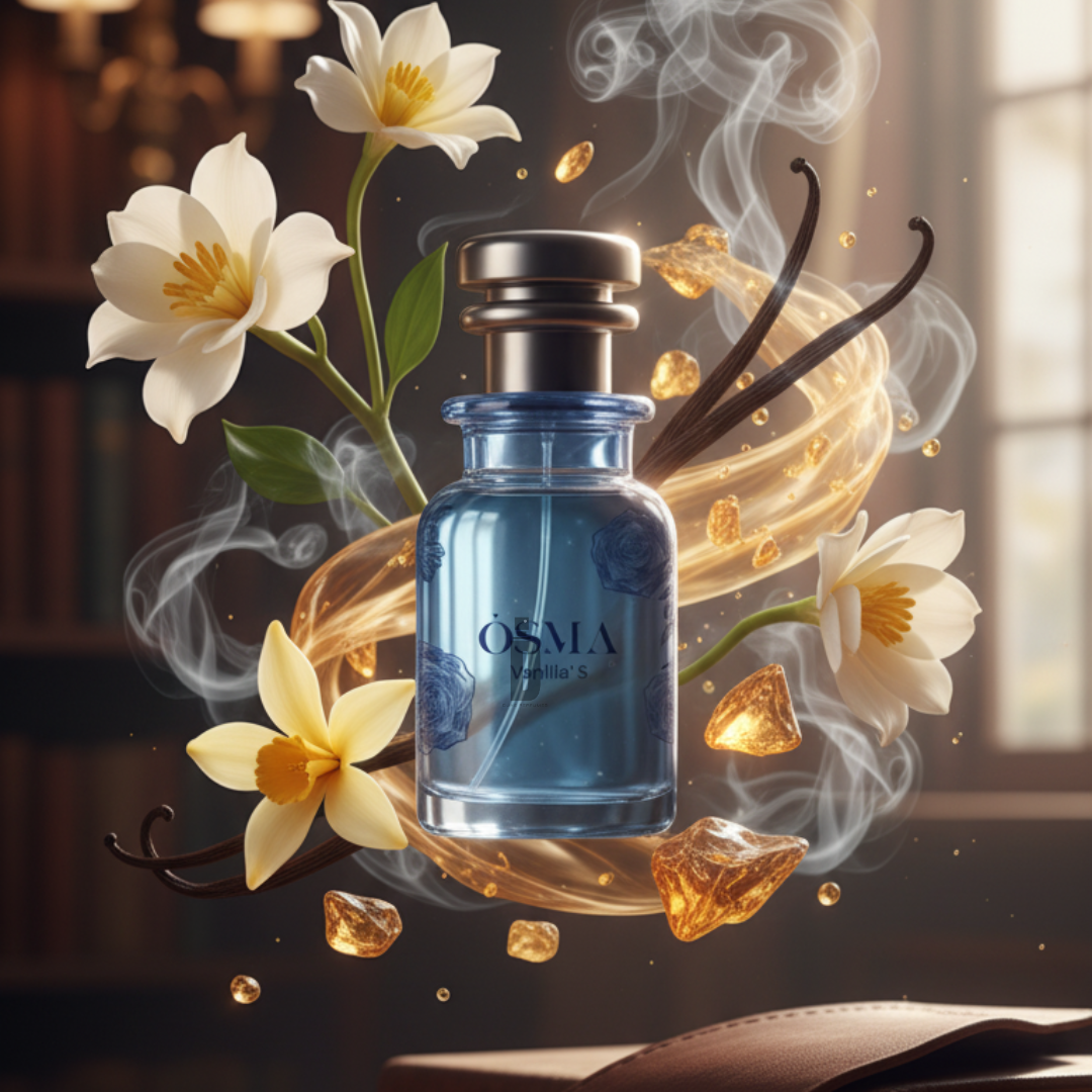 A blue Osma bottle labeled "Vanilla S 75ml EDP" sits among swirling vanilla beans, white vanilla flowers, and amber crystals, evoking a rich vanilla scent with a hint of leather in an elegant, softly lit library.
