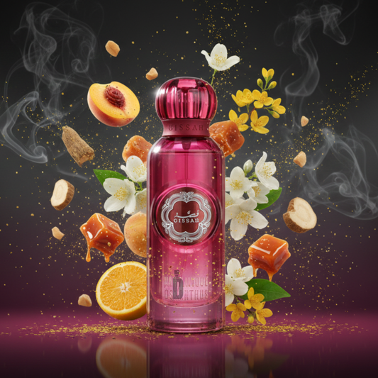 Martinique Osmanthus 200ml EDP by Gissah is presented in a pink bottle, surrounded by apricots, oranges, caramel, white and yellow flowers, with golden sparkles and mist evoking a luxurious fragrance on a dark background.