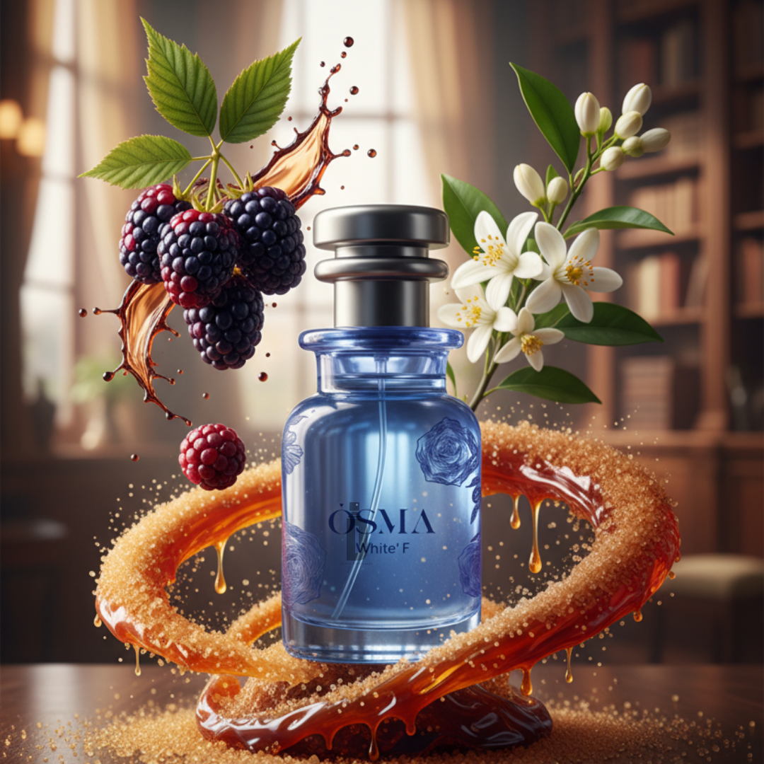 A blue bottle of Osma's White F 75ml EDP stands amid blackberries, white flowers, and brown sugar in a warmly lit, elegant room with bookshelves, evoking a bright gourmand fragrance.
