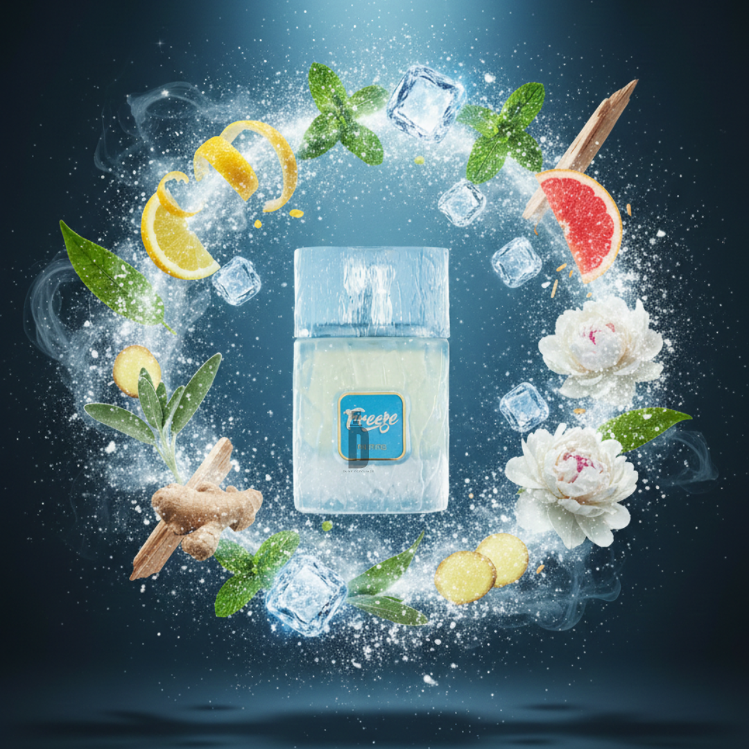 Freeze 100ml EDP by Riiffs stands at the center, surrounded by ice cubes, lemon slices, mint leaves, ginger, grapefruit, and white flowers on a dark sparkling backdrop—evoking icy freshness and an invigorating scent.
