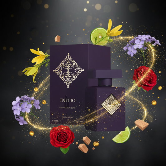 A dark purple bottle and box of Psychedelic Love 90ml EDP by Initio Parfums Prives, surrounded by golden sparkles, red roses, purple flowers, yellow lilies, lime slices, and sandalwood cubes against a dark background.