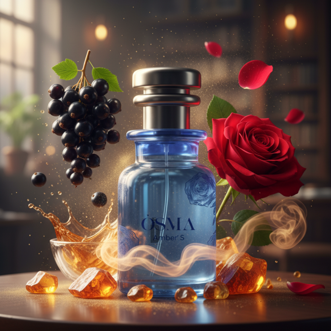 A blue bottle of Osma's Amber S 75ml EDP rests on a table with a red rose, blackcurrants, amber stones, golden mist, rose petals, and a bowl of amber liquid, capturing the elegant essence of this amber fragrance.