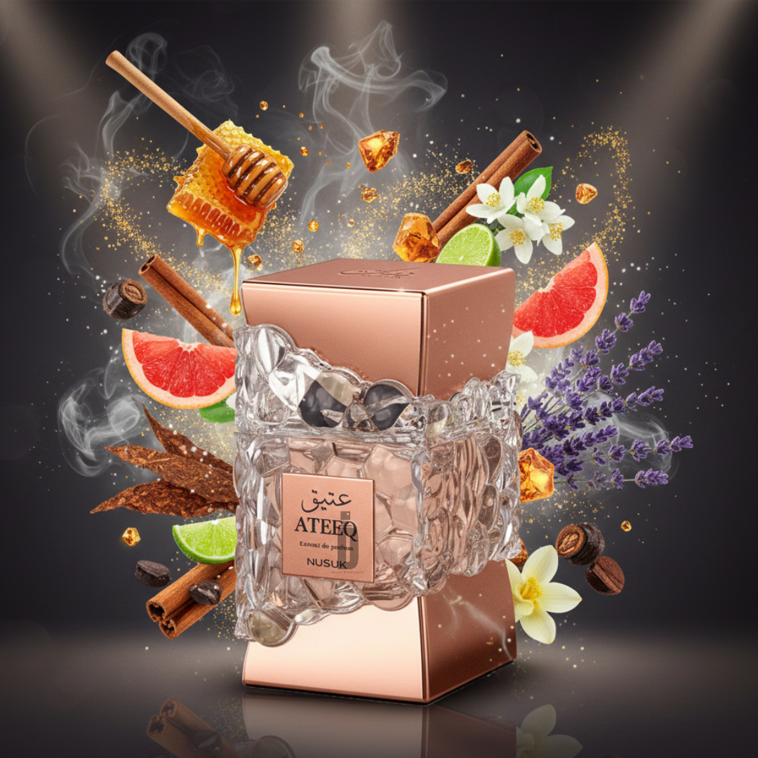 Ateeq 100ml EDP by Riiffs features a luxurious bottle with Arabic script, surrounded by honey, cinnamon, citrus, vanilla flowers, lavender, and dark spices—evoking a rich oriental scent against a dramatic smoky backdrop.