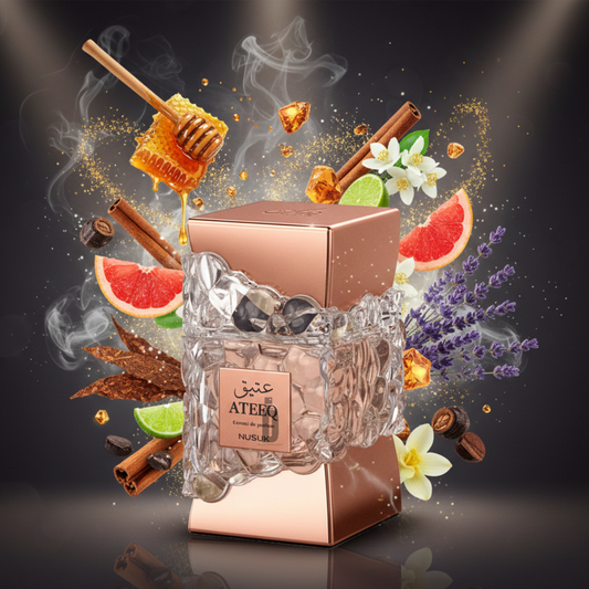 Ateeq 100ml EDP by Riiffs features a luxurious bottle with Arabic script, surrounded by honey, cinnamon, citrus, vanilla flowers, lavender, and dark spices—evoking a rich oriental scent against a dramatic smoky backdrop.