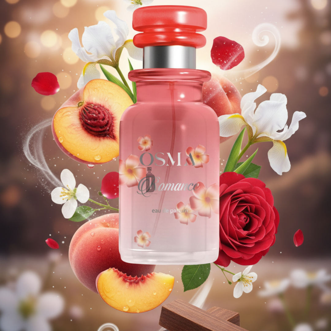 A pink 150ml Osma Romance EDP bottle is surrounded by peaches, red roses, Turkish rose, white blossoms, and chocolate, set in a dreamy scene that evokes an irresistibly romantic fragrance.
