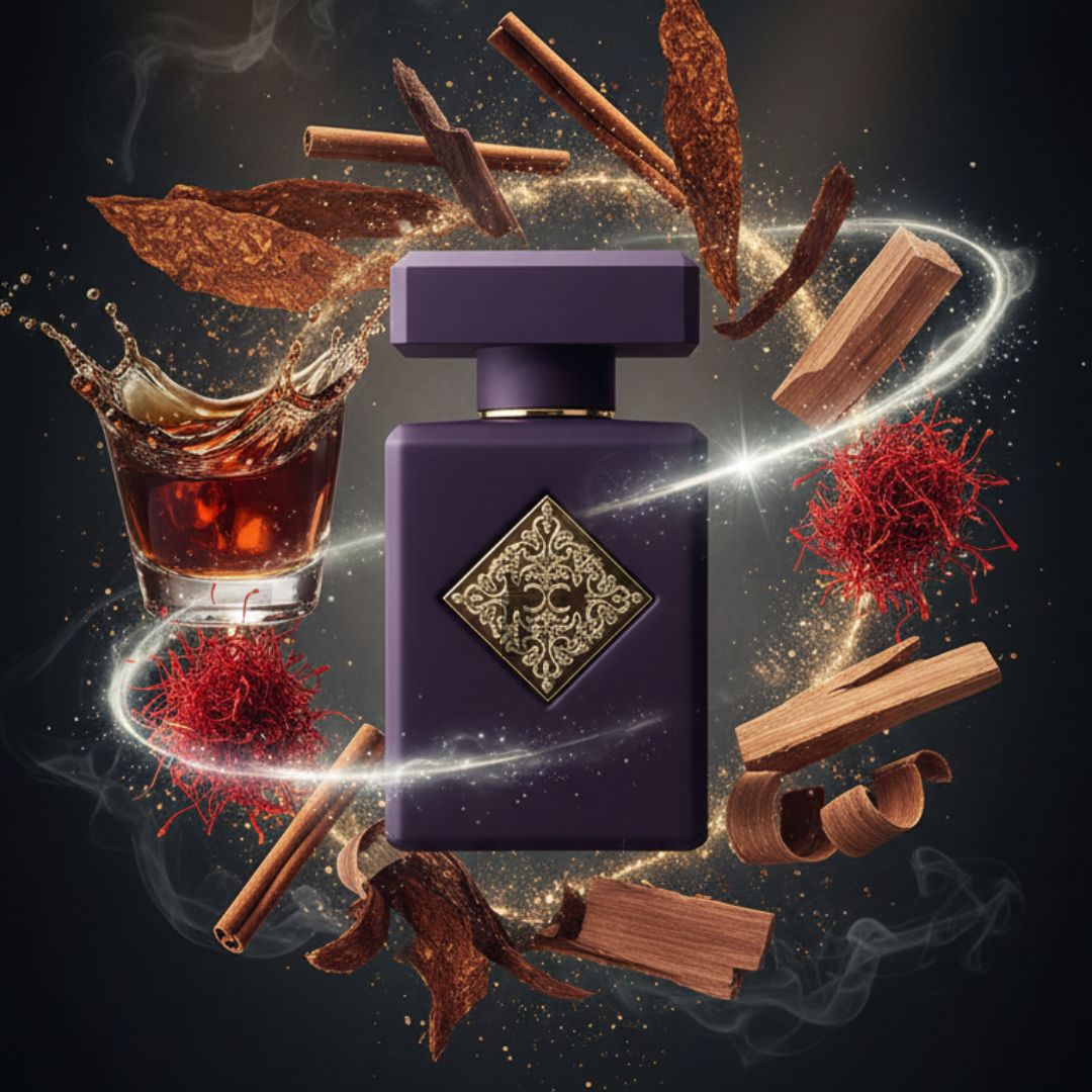 Side Effect 90ml EDP by Initio Parfums Prives features a luxurious purple bottle with a gold label, surrounded by cinnamon sticks, saffron, sandalwood, and dark spirits against a smoky background to evoke its rich spicy fragrance.