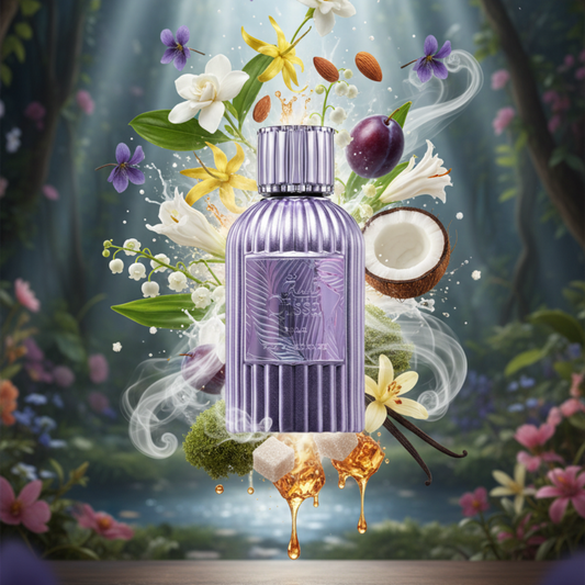Qissa Gala 100ml EDP by Paris Corner features a purple bottle amid flowers, coconut, plum, almonds, sugar cubes, and honey in a mystical forest setting, evoking an enchanting floral fruity gourmand fragrance.