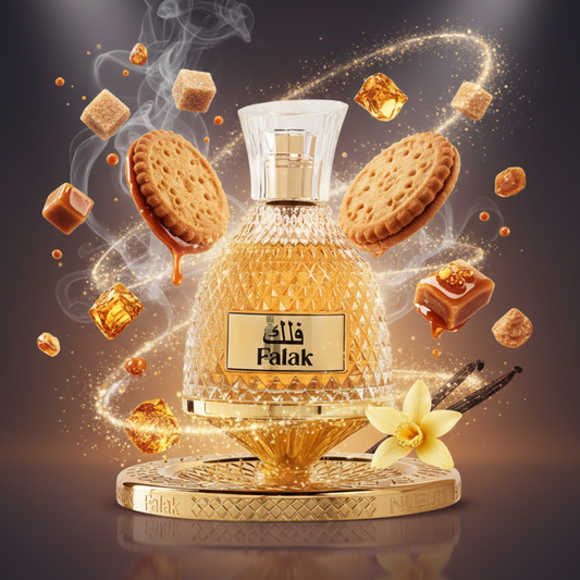 The Riiffs Falak 100ml EDP by Nusuk is pictured with floating cookies, caramel cubes, sugar cubes, vanilla flowers, and golden sparkles—showcasing the luxurious gourmand allure of this exquisite perfume.