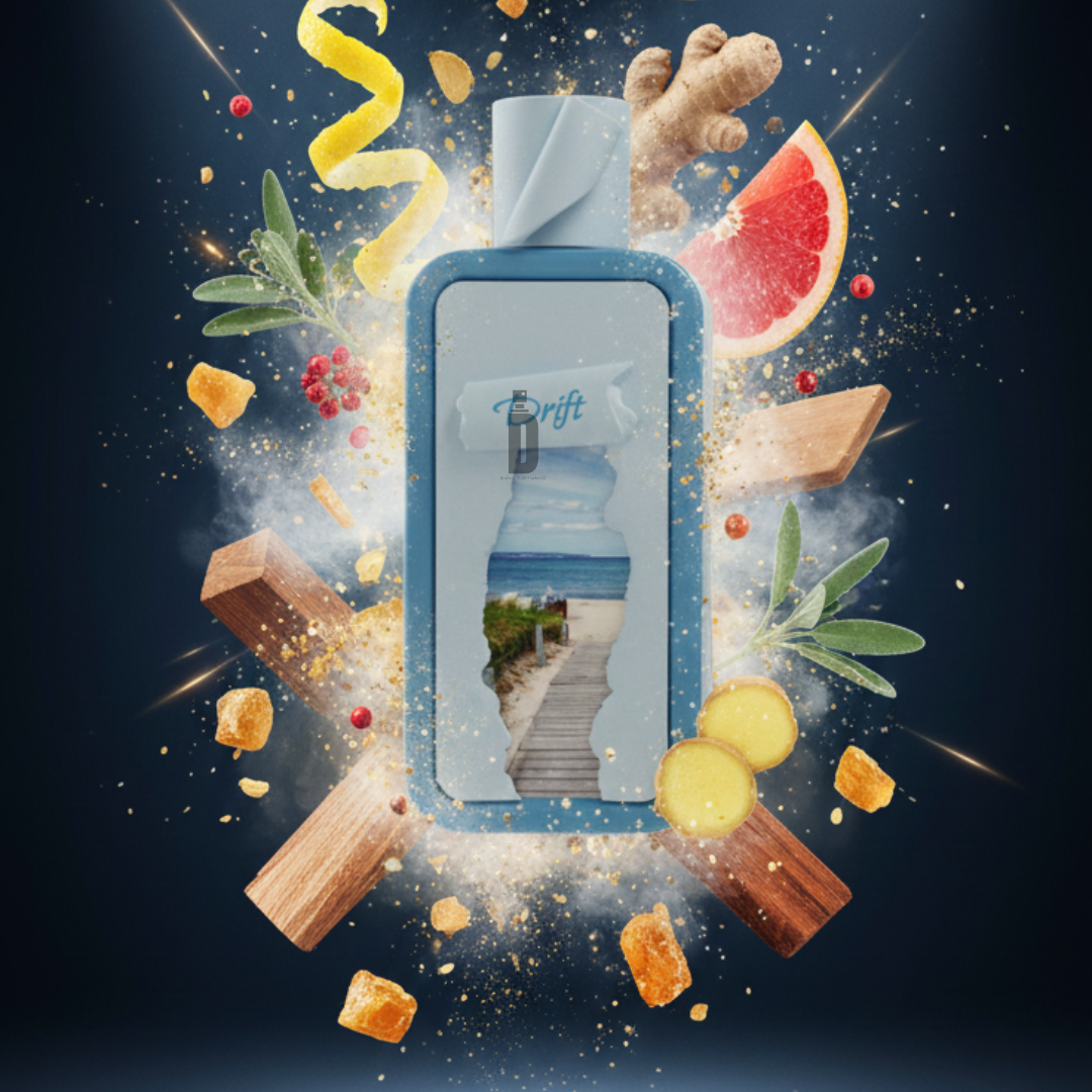 A bottle of Riiffs Seasons Drift 100ml EDP, featuring a beach boardwalk label, surrounded by grapefruit, ginger, sandalwood, spices, lemon zest, wood, and herbs—set against a dark background with a burst of light.