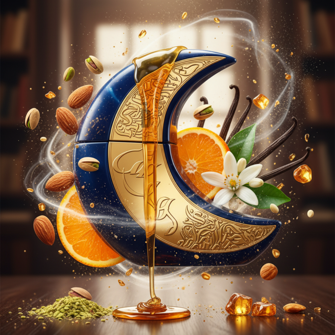 The Mehwish 100ml EDP by Paris Corner is displayed amid almonds, pistachios, orange slices, vanilla pods, white flowers, amber gems, and a cascade of honey—a sweet nutty scent in a luxurious, softly blurred scene.