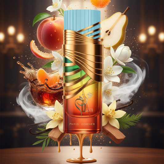 The Azm 100ml EDP by Paris Corner is a luxury fragrance in a colorful bottle with gold and blue accents, surrounded by floating peach, pear, orange slices, white flowers, cinnamon sticks, and mist—evoking a rich fruity-spicy aroma.