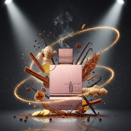 The Amber Oud Tobacco Edition 100ml EDP by Al Haramain is showcased among ginger, cinnamon, vanilla, star anise, and coffee beans—bathed in golden smoky light—evoking the rich allure of its masculine amber oud tobacco scent.