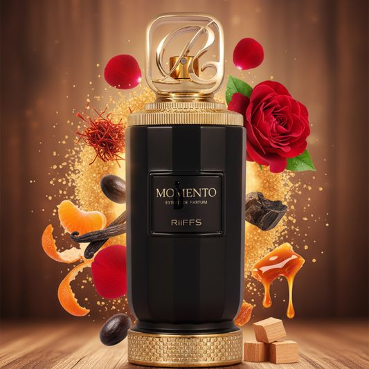 Momento Riiffs 100ml EDP by Riiffs features a luxurious black and gold bottle and blends notes of red roses, caramel, vanilla, and spicesβembodying the essence of this rich, elegant fragrance.
