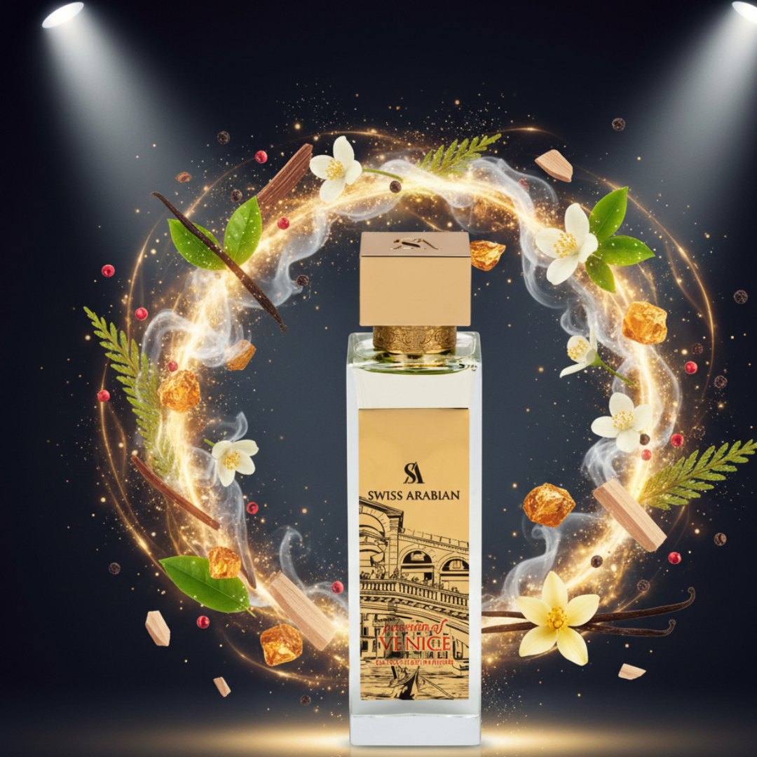 A bottle of Swiss Arabian Passion Of Venice 100ml EDP stands upright, encircled by glowing spices, vanilla flowers, amber, and wood pieces under spotlights against a dark background.