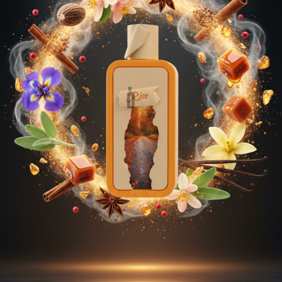 A bottle of Seasons Rise 100ml EDP by Riiffs sits amid floating spices, caramel cubes, vanilla flowers, and herbs, all encircled by a glowing golden ring—an inviting gourmand fragrance showcased against a dark background.