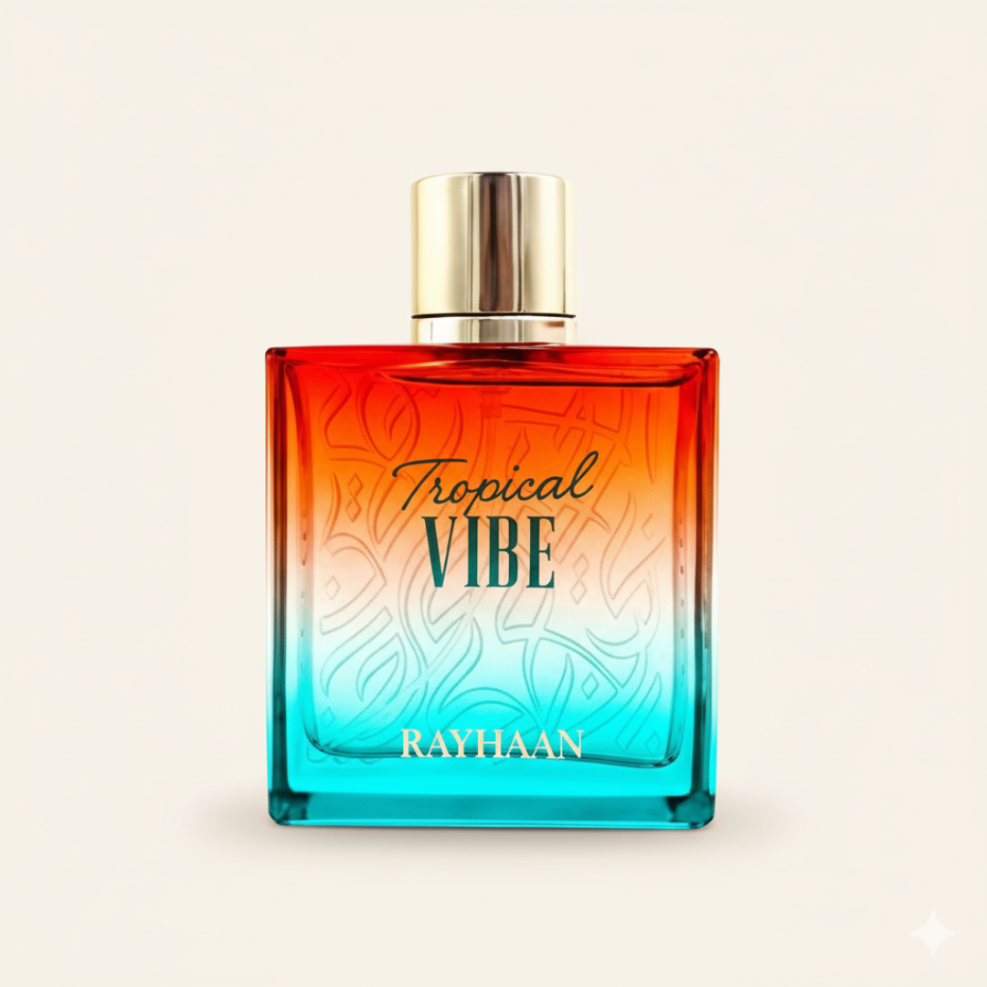 The Tropical Vibe 100ml EDP by Rayhaan features a square bottle with a gold cap and orange-to-turquoise gradient, showcasing decorative script and offering a vibrant, long-lasting tropical fragrance.
