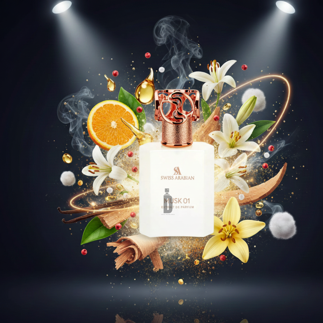 The Swiss Arabian Musk 01 50ml EDP bottle glows under spotlights, surrounded by vibrant flowers, orange slices, cinnamon sticks, and swirling aromas—evoking floral and spicy notes with a hint of sandalwood.