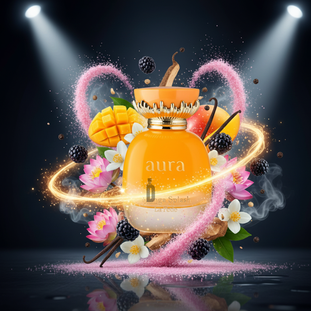 A vibrant Aura Manga Splash 100ml EDP by Khadlaj is spotlighted, featuring lively notes of mango, blackberry, vanilla, spices, and pink lotus flowers—a colorful fruity-floral fragrance radiating uplifting energy.