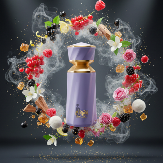 The Oravéa 100ml EDP by Paris Corner stands in purple and gold amid smoke, flowers, berries, sugar cubes, and cinnamon sticks, showcasing its luxurious blend of fruity and floral notes.