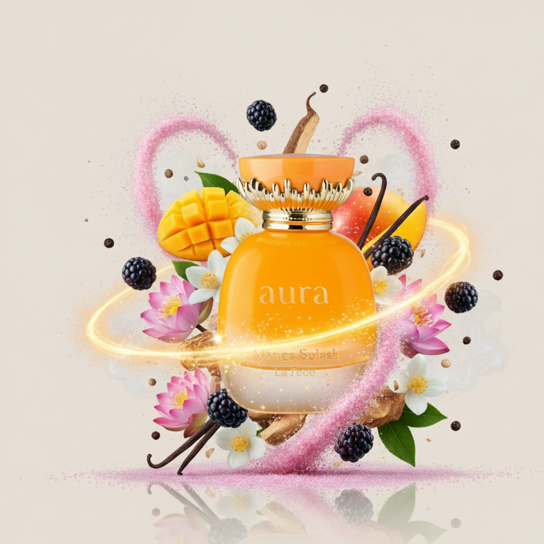 A vibrant orange "Aura Manga Splash 100ml EDP" perfume bottle by Khadlaj is surrounded by blackberries, vanilla, pink glitter, and flowers, evoking a playful fruity-floral scent against a light background.