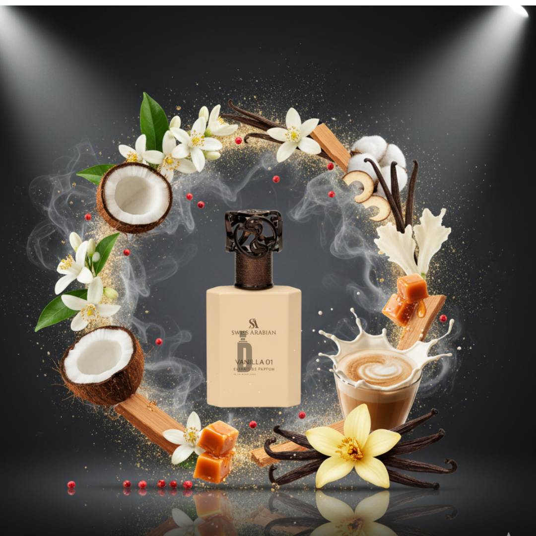 Vanilla 01 50ml EDP by Swiss Arabian is displayed among coconut halves, bourbon vanilla flowers, caramel, coffee, cotton, wood sticks, red berries, and aromatic mist—capturing the essence of this modern vanilla fragrance.