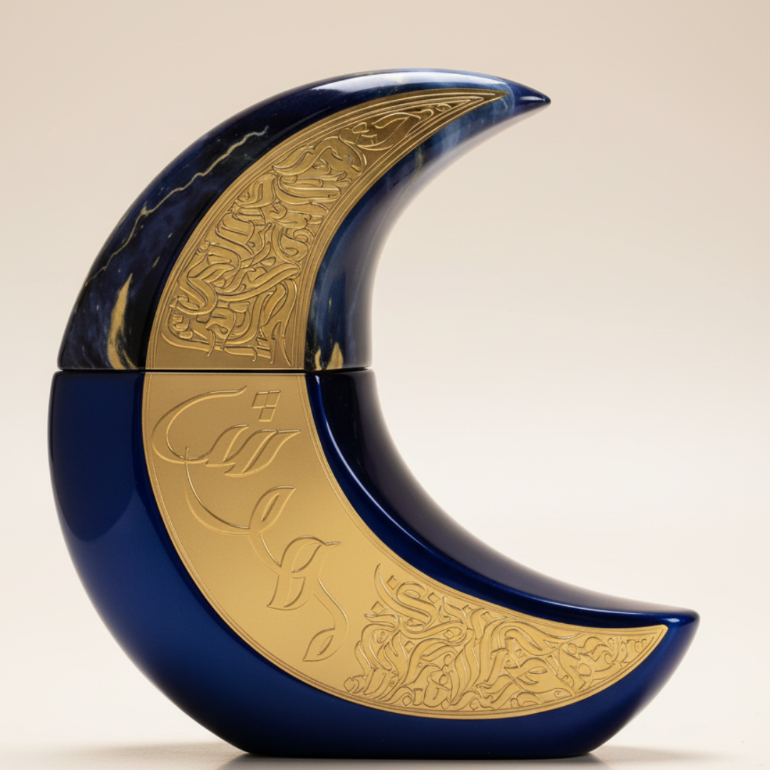 The Mehwish 100ml EDP by Paris Corner showcases a blue and gold crescent moon-shaped bottle with intricate Arabic calligraphy on its gold accents, elegantly set against a plain light backdrop.