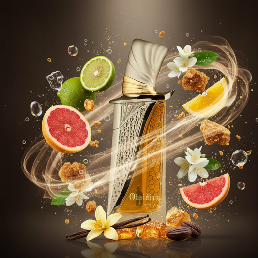 The elegant Obsidian 100ml EDP by Fragrance World features a gold-capped bottle, surrounded by citrus, vanilla, amber, white flowers, and brown sugar notes for a vibrant and long-lasting scent.