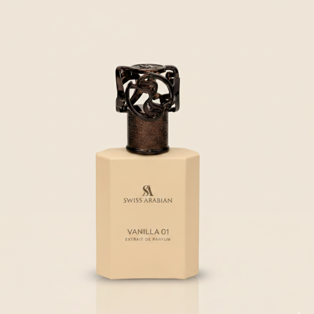 A beige bottle of Swiss Arabian Vanilla 01 50ml EDP, with a decorative dark metallic cap, sits against a light beige background and captures a creamy bourbon vanilla fragrance.