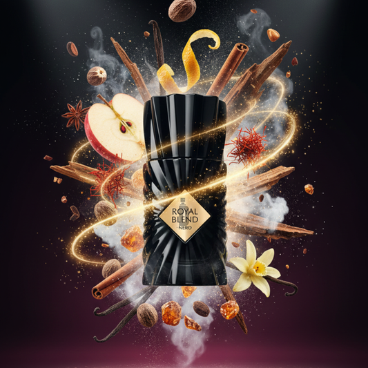 A black, faceted bottle of Royal Blend Nero 100ml by Fragrance World floats amid gold light, apple slices, cinnamon sticks, vanilla flowers, saffron, spices, and amber—suggesting a rich, long-lasting scent against a dramatic dark backdrop.