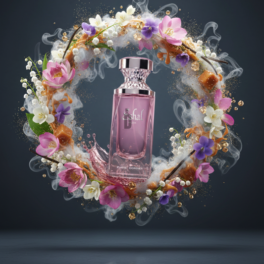 A pink Eshal Musk 100ml EDP by Paris Corner sits amid a decorative ring of colorful flowers, leaves, and wisps of smoke, creating an elegant and dreamy vibe against a dark background.