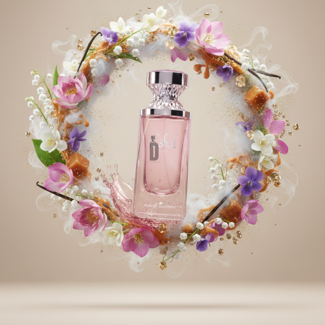 The Eshal Musk 100ml EDP by Paris Corner features a pink bottle with a silver cap, set within a floral wreath of white, pink, and purple blooms on a beige background.