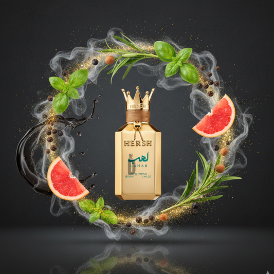 The Hersh Lahab 100ml by Alezz Oud features a gold bottle with a crown-shaped cap, surrounded by basil, rosemary, black pepper, grapefruit slices, and smoke—evoking its bold spicy herbal woody scent.