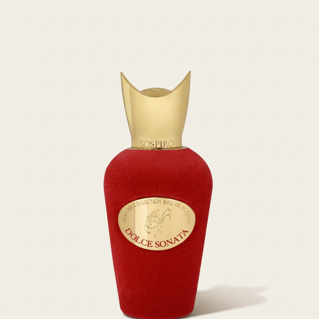 A red Sospiro Dolce Sonata 100ml EDP perfume bottle with a gold cap and label stands out against an off-white background, reflecting the vibrant, floral essence of this fragrance.