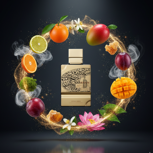 At the center, a gold bottle of Amber Oud Future Dubai 100ml EDP by Al Haramain glows amid swirling mango, orange, lotus flower, and aromatic smoke—evoking a modern, long-lasting fragrance in a magical aura on a dark backdrop.